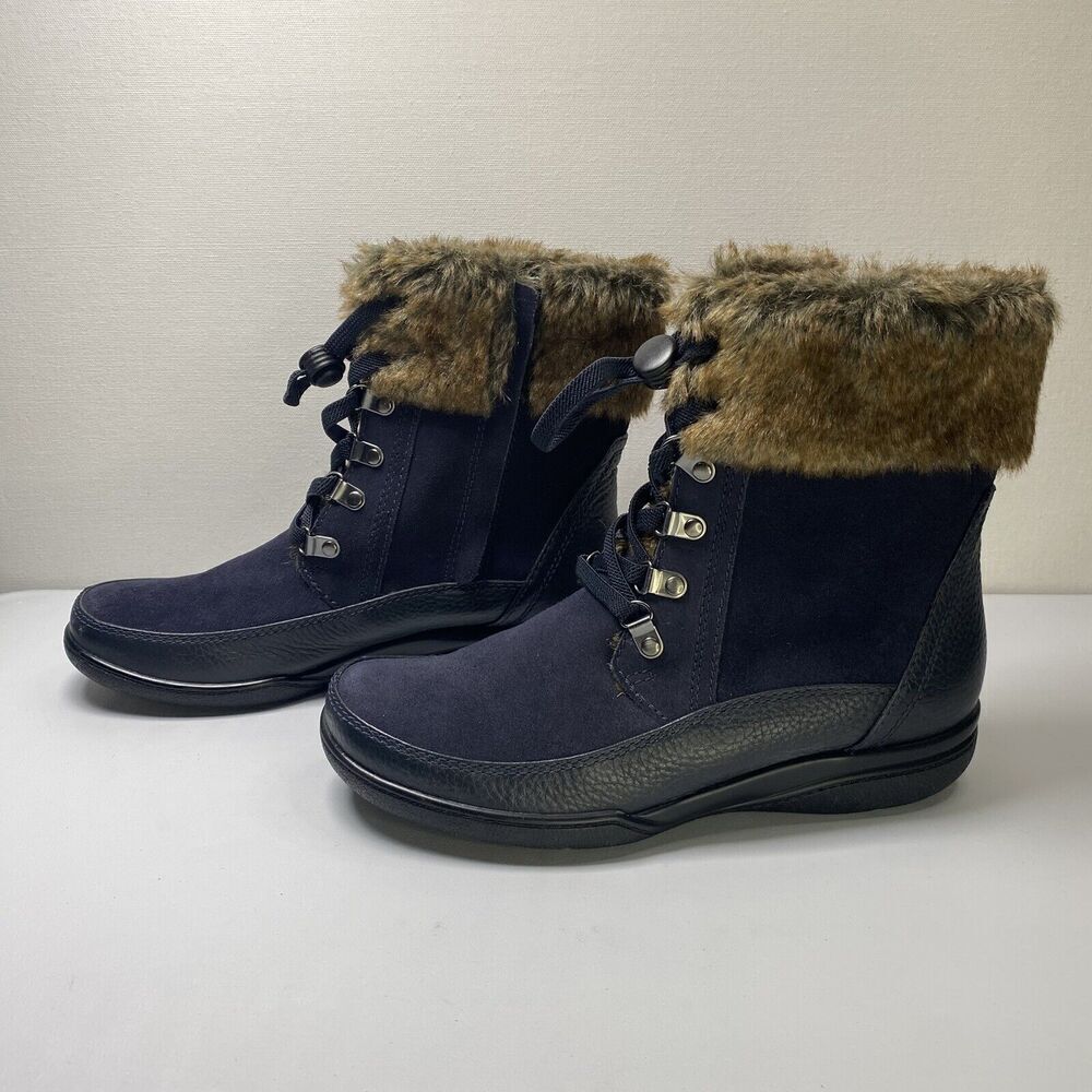Clarks‎ Leather Suede Faux Fur Kearns Ramsey Navy Blue Boots Size 8 - Picture 2 of 9